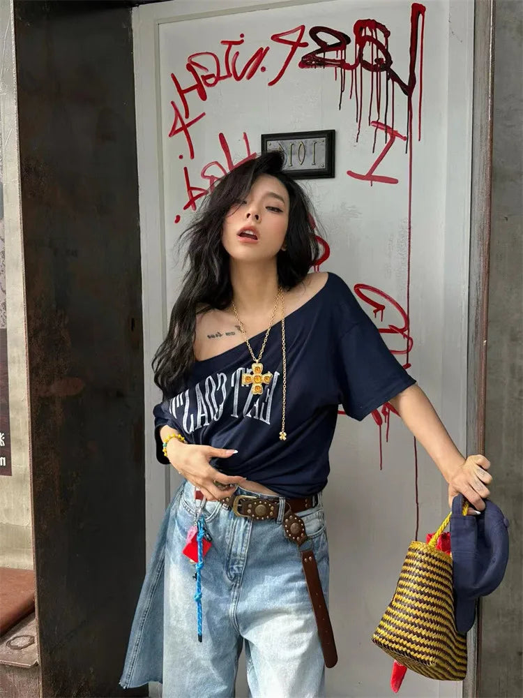 Blue East Cost Off Shoulder Graphic T Shirts