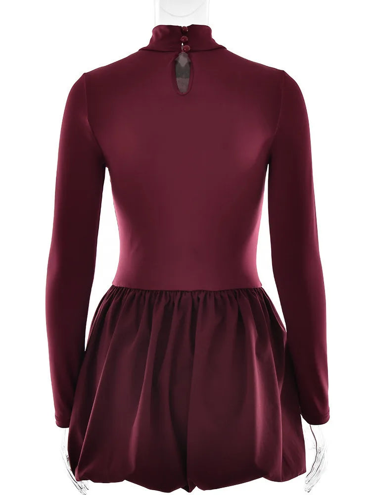 Burgundy Turtleneck Long Sleeve Puff Skirt Mini Dress