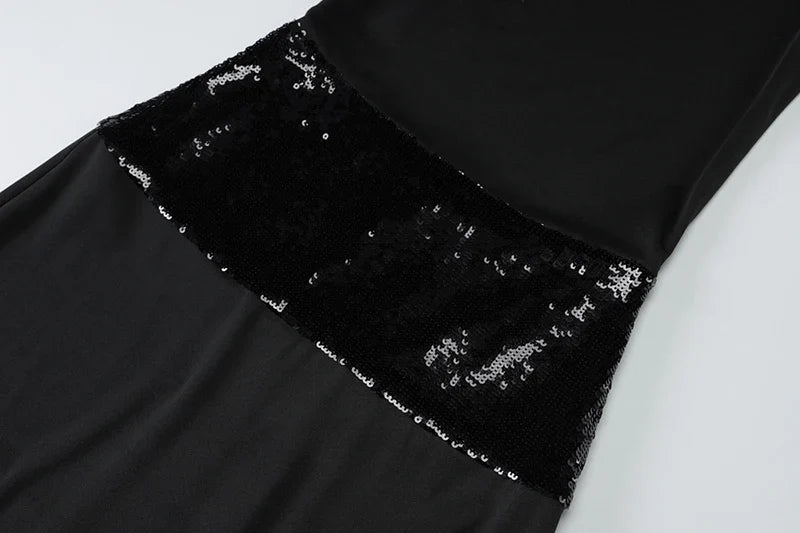 Black Halter Backless Sequin Patchwork Maxi Dress