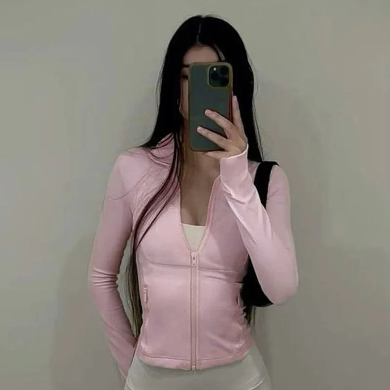 Solid Zipper Hoodie Sports Yoga Top