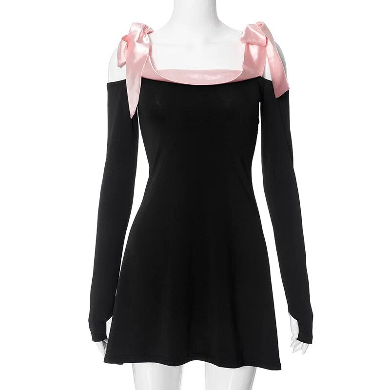 Black Off-shoulder Bow Long Sleeve Mini Dress