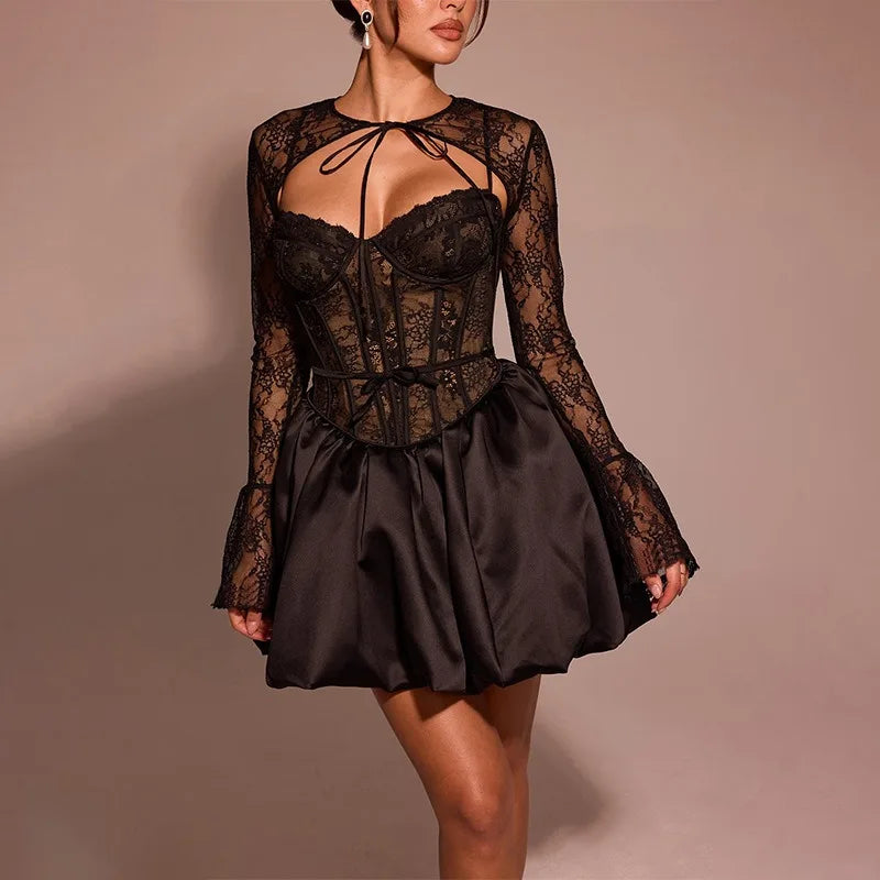 Black Lace Removable Sleeve Puff Mini Dress