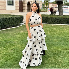 Sleeveless Polka Dot Crop Top And  Multi-Layer Ruffles Skirt Set
