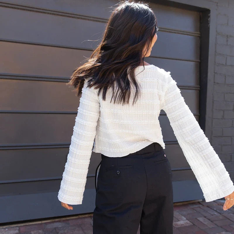 Slit Front Tie Up Textured Long Sleeve Top