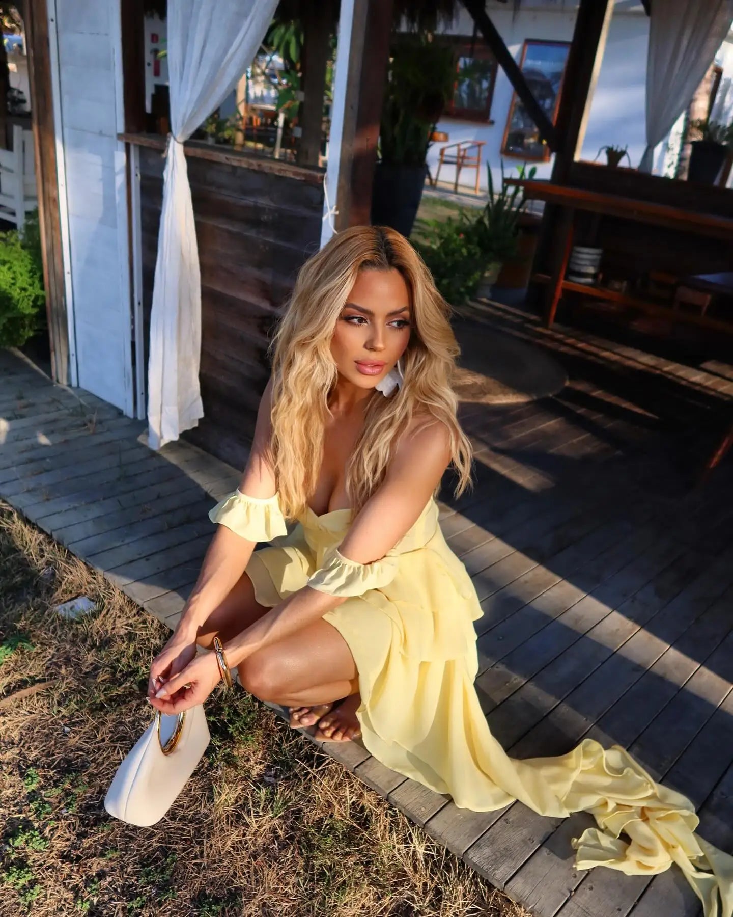 Yellow Ruffle Off Shoulder Layered Mini Dress