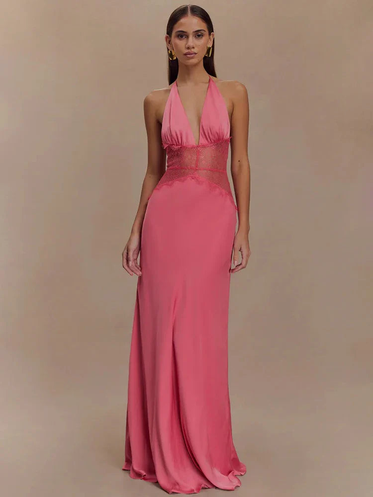 Lace Patchwork Halter Satin Maxi Dress