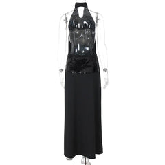 Black Halter Backless Sequin Patchwork Maxi Dress