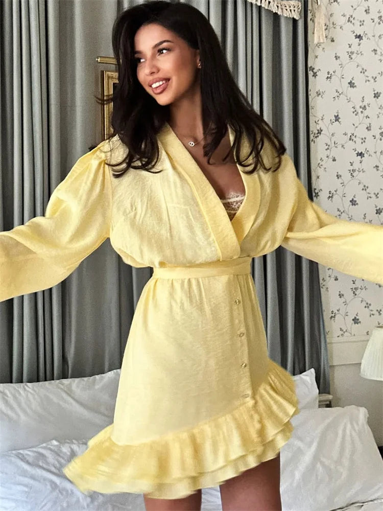 Yellow Ruffled V-Neck Mini Dress
