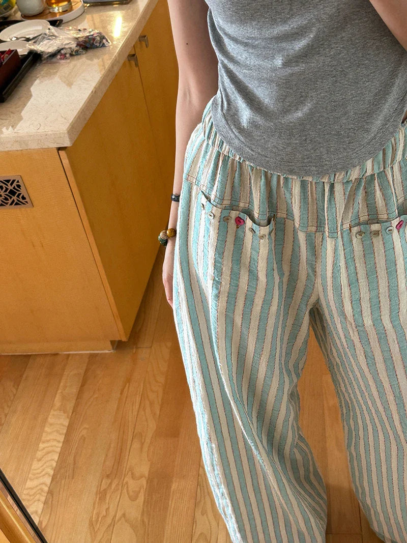 Blue Striped Wide Leg Pants
