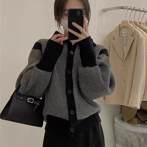 Contrast Turtleneck Buttoned Cardigan