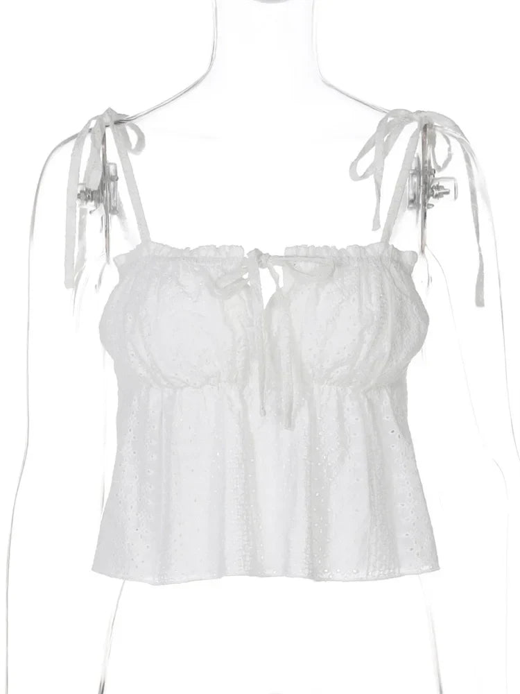 White Embroidery Tie Up Cami Top