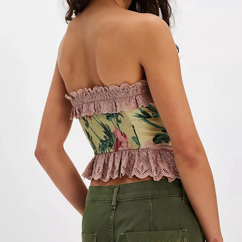 Printed Lace Trim Bow Tube atop