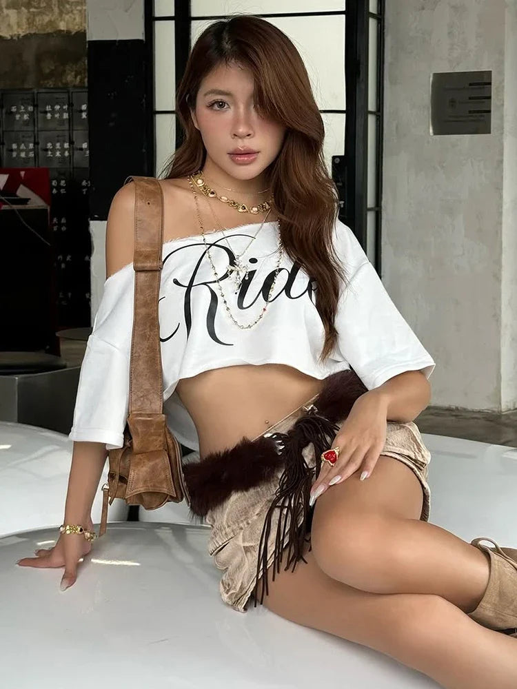 White Off-shoulder Loose Cropped Rider Top