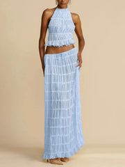 Halterneck Ruched Open Back Tie Up Top And Maxi Skirt Set
