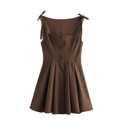 Brown Gingham Tie Up Square Neck Pleated Mini Dress