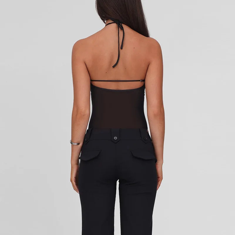 Black Mesh Patchwork Halter  Bodysuit