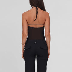 Black Mesh Patchwork Halter  Bodysuit