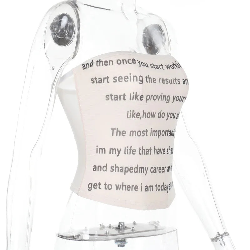 Letter Printed Mesh Strapless Crop Top - High Stretch Tank
