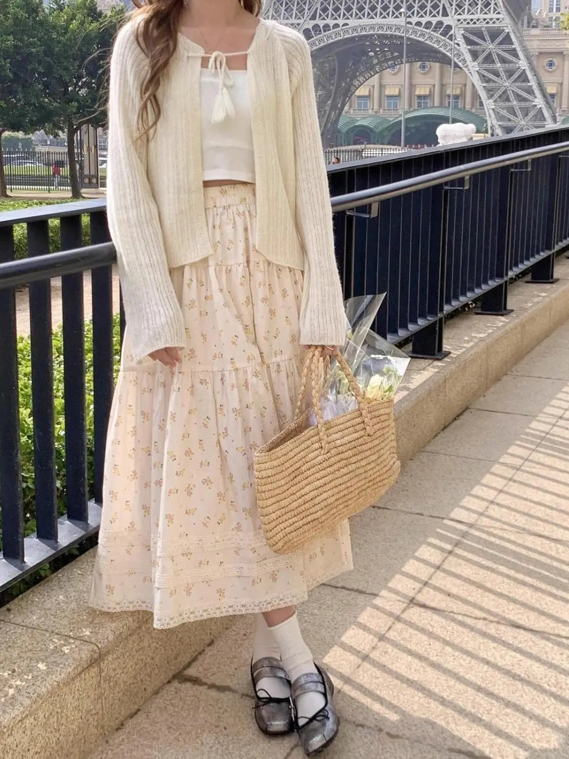 White Floral Midi Skirt - Casual A-Line