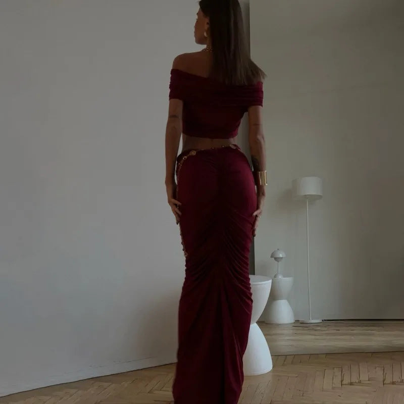 Off-shoulder Crop Top And Ruched Maxi Skirt Set