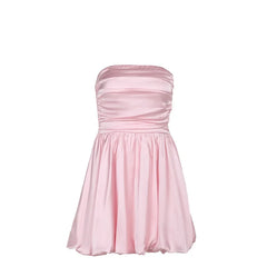 Satin Puff Ruched Tube Mini Dress