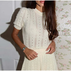 O-neck Knitted  Short Sleeve Top And Mini Skirt Set