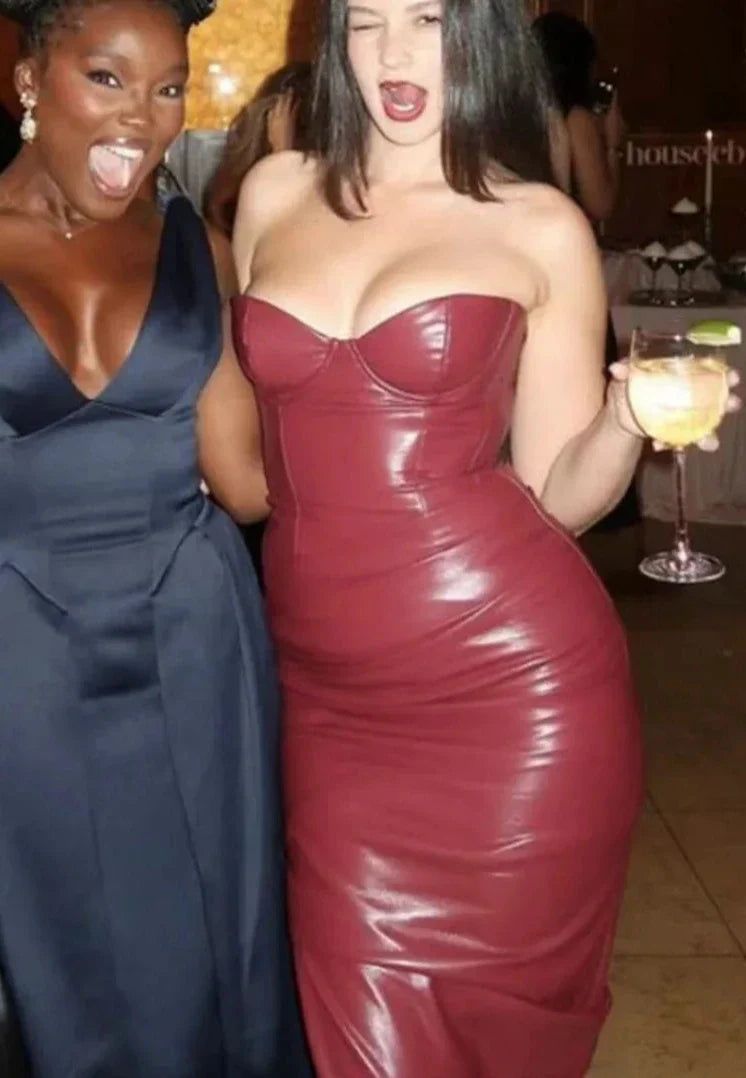 Burgundy Strapless PU Leather Maxi Dress