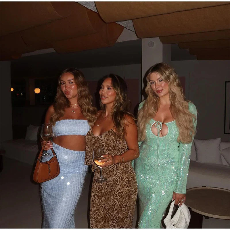 Blue Sequin Tube Top And Maxi Skirt
