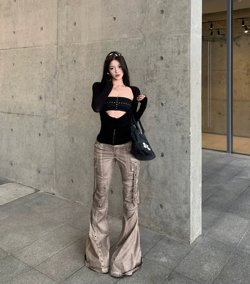 Black Long Sleeve Cut Out Drape Halter Top - Y2K Skinny Fit