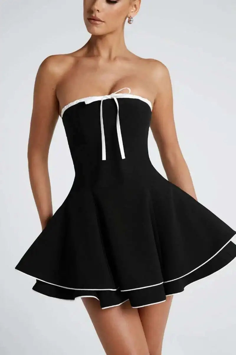 Black Tube Flare Bow Mini Dress