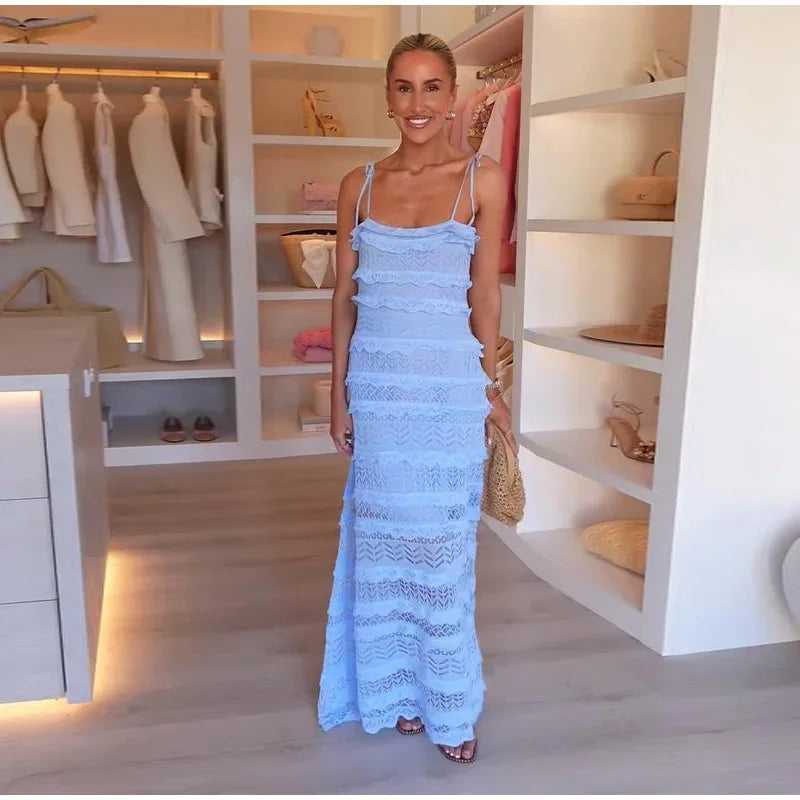 Blue Ruffle Tie Up Strap Long Dress