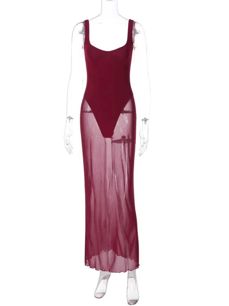 Solid Strap Mesh Bodysuit Maxi Dress