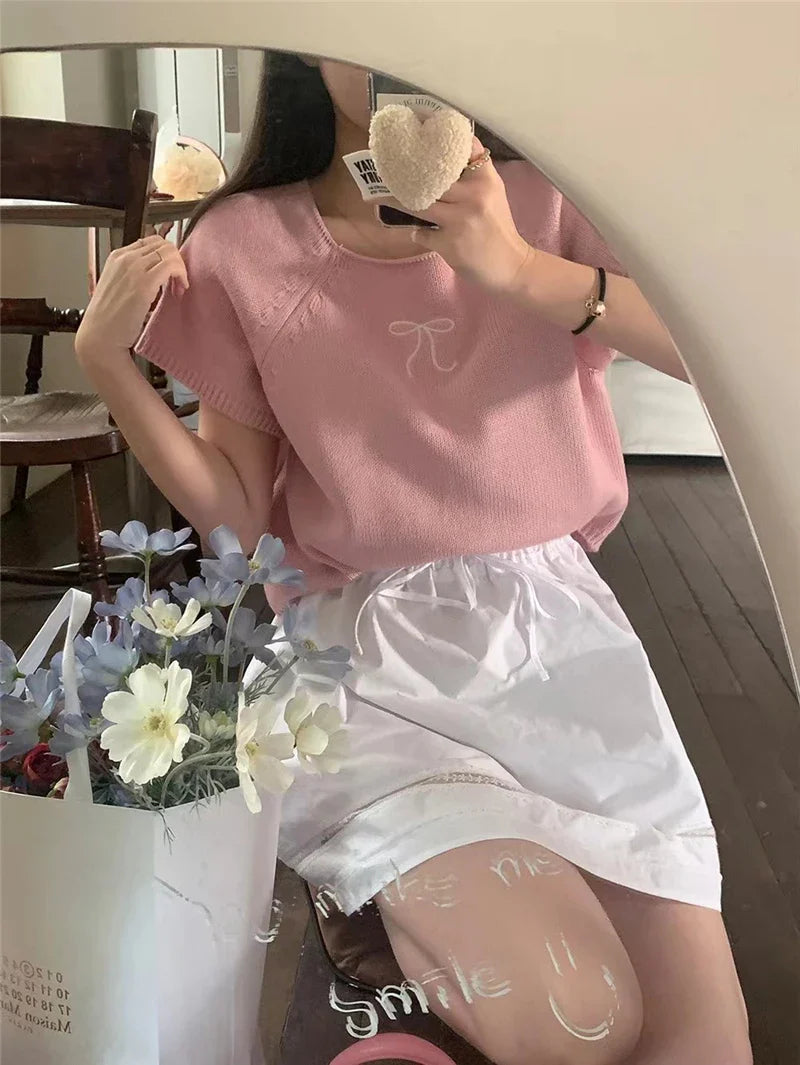 Round Neck Bow Print Short Sleeved Knitted Top