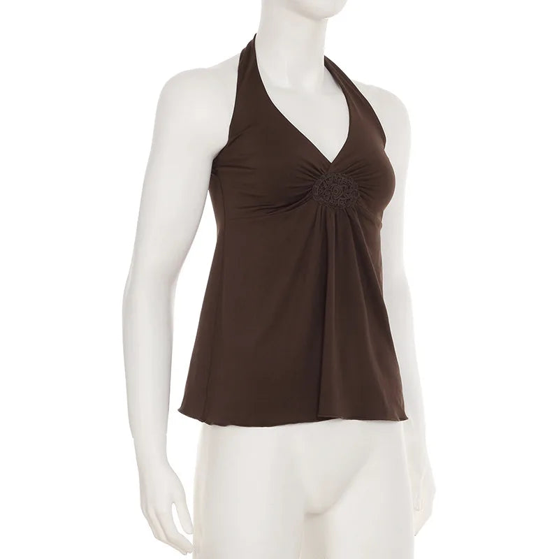 Brown Embroidered V Neck Halter Top