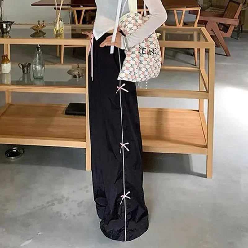 Black Side Bow Drawstring Straight Sweatpants