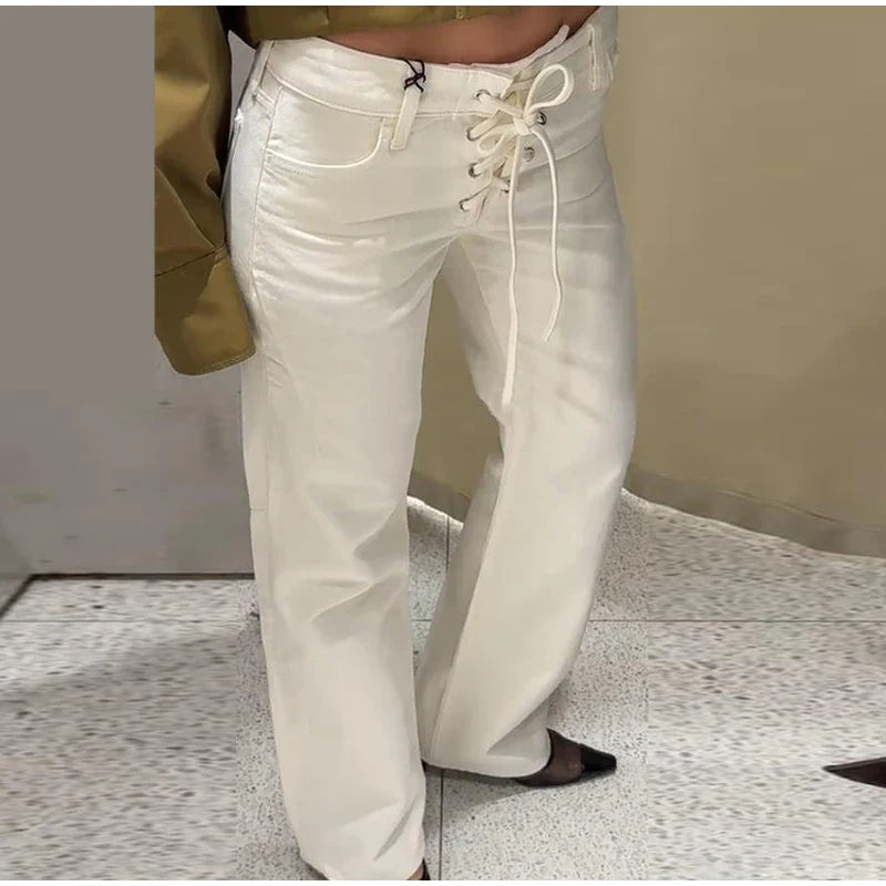 White Lace Up Jeans