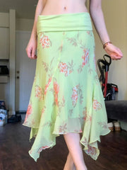 Green Printed Fringe Midi Skirt