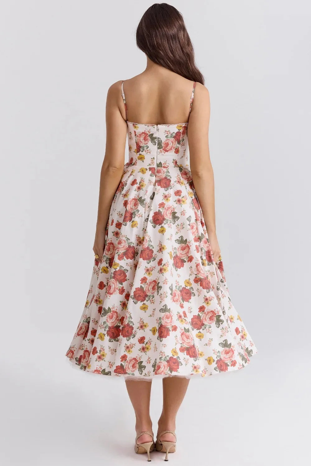 Satin Bustier Strap Tulle Midi Dress