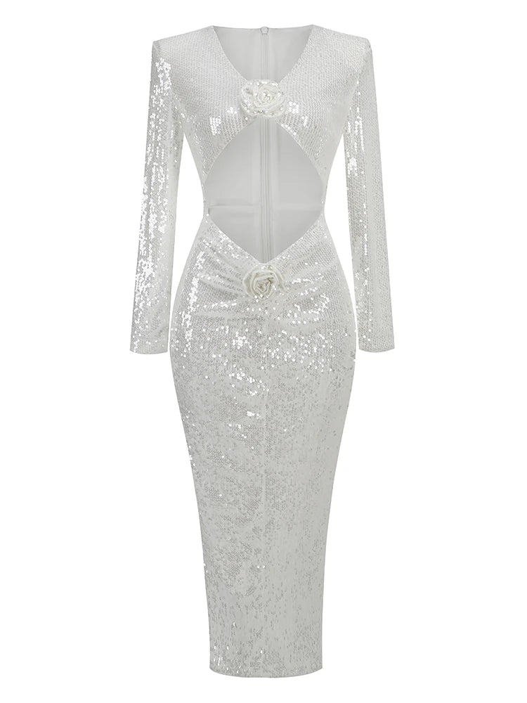 White Sequin Long Sleeve Flower Maxi Dress