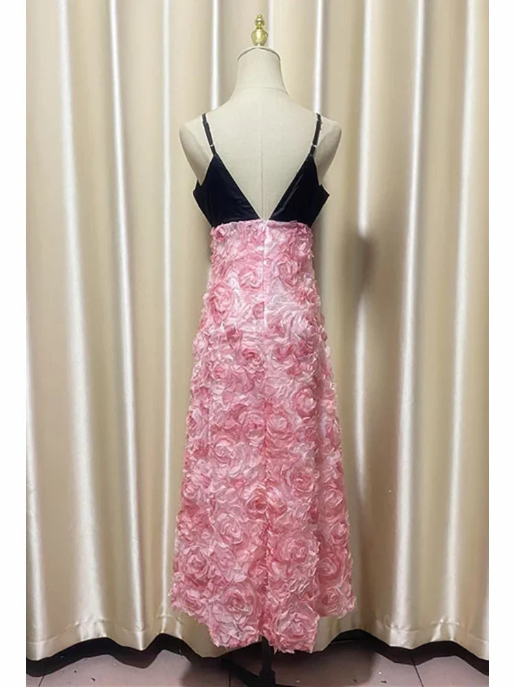 Pink 3d Floral Straight Midi Dress