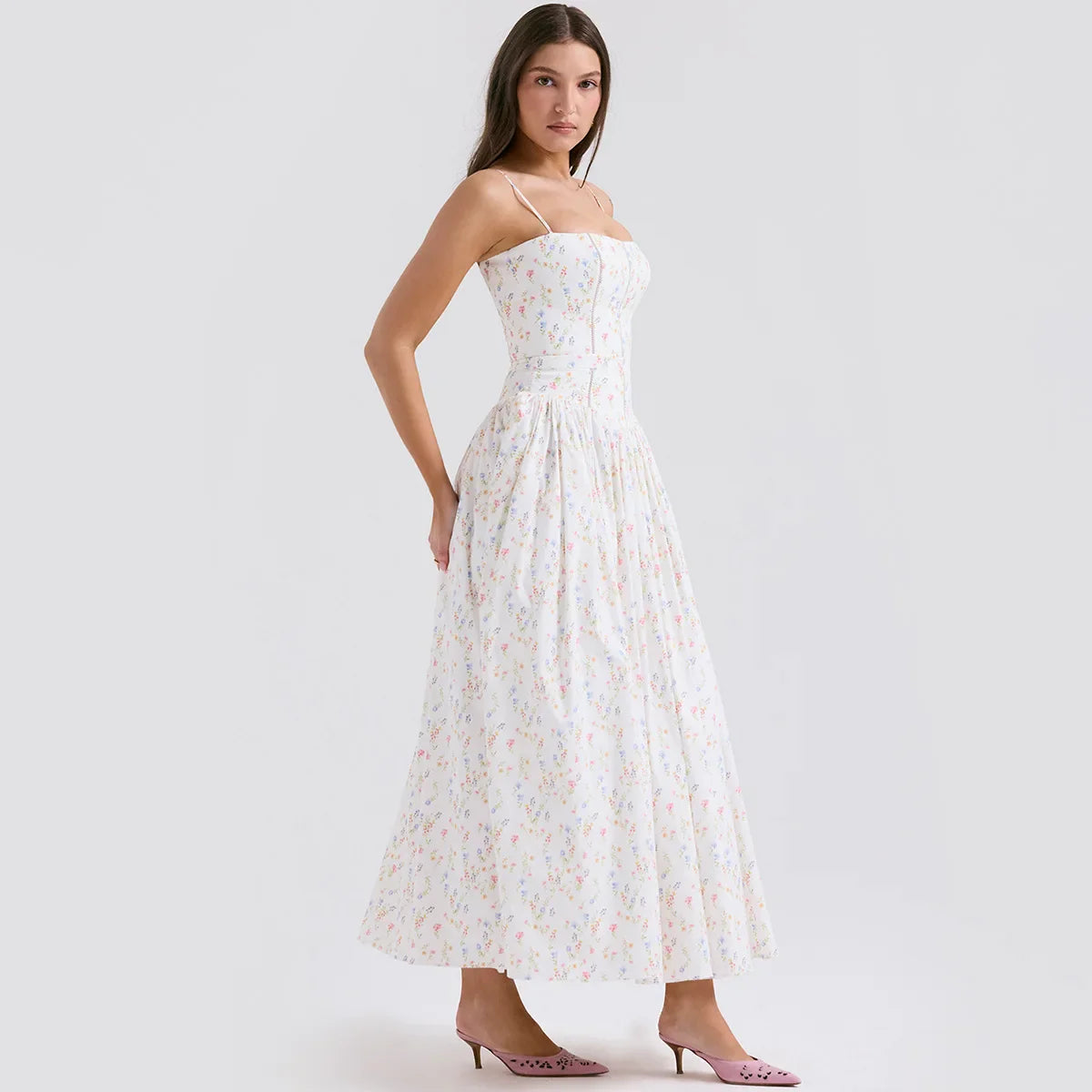 Strap Floral Printed Straight Neck Midi Dress