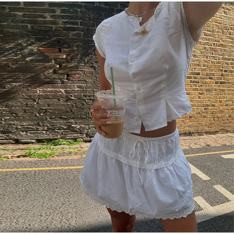 White Short Sleeve Top And Mini Skirt Set