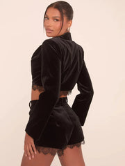 Black Velvet Lace Trim Crop Blazer And Shorts Set