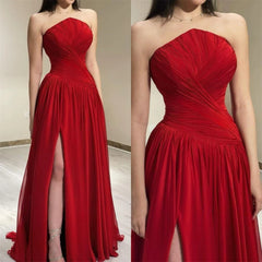 Red Pleated Strapless Slit Maxi Dress