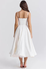 Satin Bustier Strap Tulle Midi Dress