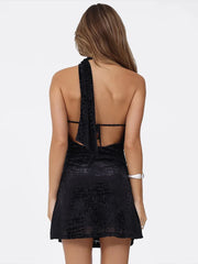 Black Halter Draped Mini Dress