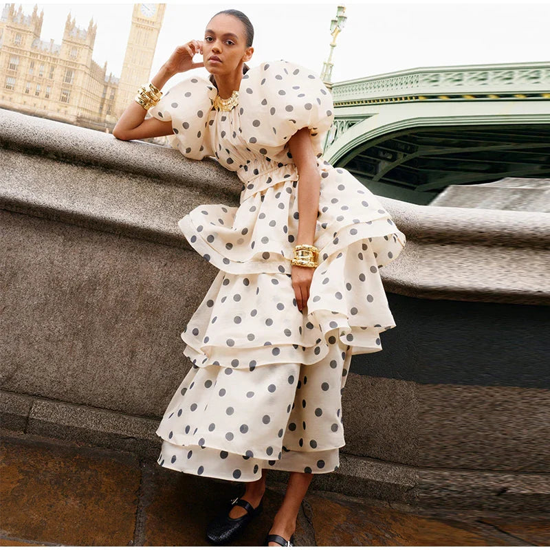 Polka Dot Bubble Sleeve Top And Ruffles Maxi Skirt Set