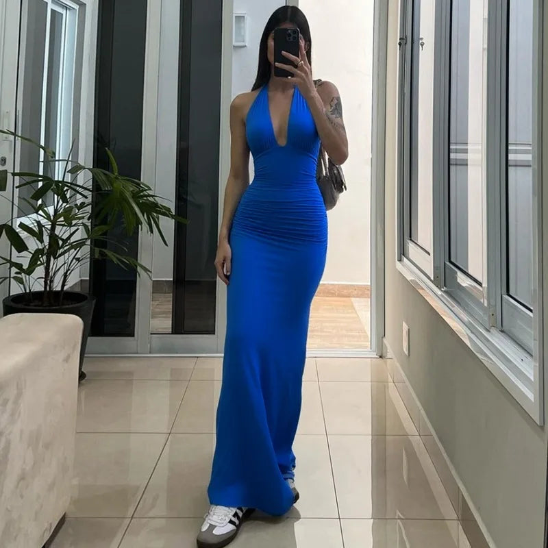 Deep Neck Halter Bodycon Maxi Dress