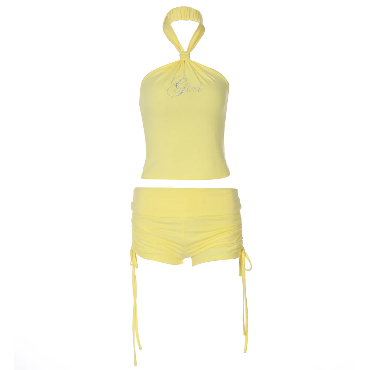Halter Rhinestone Top & Drawstring Shorts Co-Ord Set - Streetwear Slim Fit