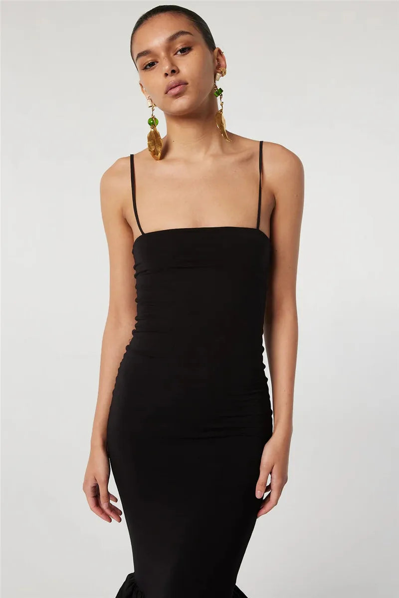 Black Spaghetti Strap Balloon Fishtail Midi Dress